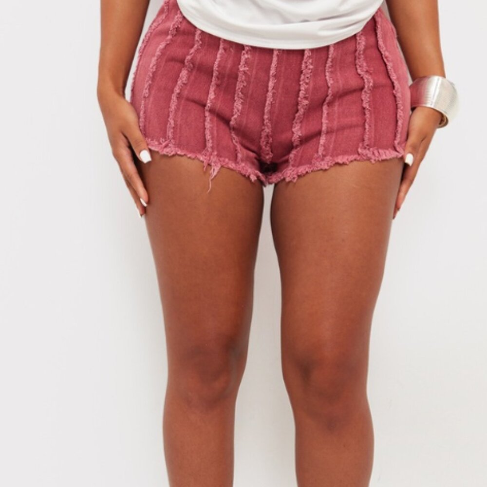 Pretty Little Thing Shape Washed Frayed Red Denim Seam Detail Shorts